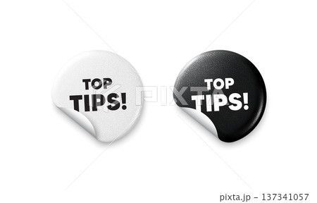 Top tips sticker tags. Glitter paper price badge. Top tips tag. Education faq sign. Best help assistance. Offer round sticker. Promo banner. Vector 137341057