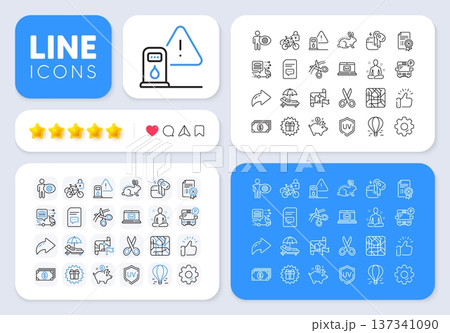 Comments, Food delivery and Metro map line icons for web app. Message, Share, Like social media icons. Pack of Bus parking, Uv protection, Banking pictogram icons. Vector 137341090