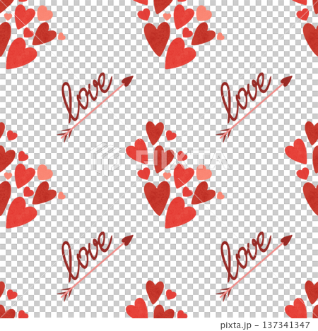 Seamless pattern. Red, scarlet hearts, an arrow, the inscription LOVE. Valentine's print in warm colors, in a simple flat style. Watercolor, pastel. A design element for printing, prints, wallpapers Seamless pattern. Red, scarlet hearts, an arrow, the inscription LOVE. Valentine's print in warm colors, in a simple flat style. Watercolor, pastel. A design element for printing, prints, wallpapers 137341347