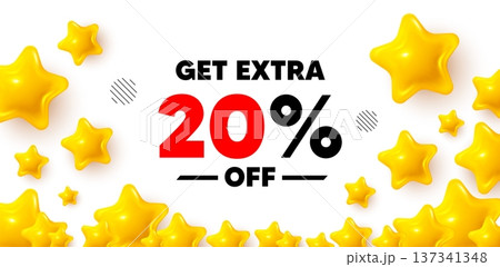 Extra discount winner banner with 3d stars. Golden stars banner. Get Extra 20 percent off Sale. Discount offer price sign. Special offer symbol. Save 20 percentages. Review rate background. Vector Extra discount winner banner with 3d stars. Golden stars banner. Get Extra 20 percent off Sale. Discount offer price sign. Special offer symbol. Save 20 percentages. Review rate background. Vector 137341348