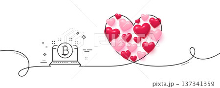Bitcoin line icon. Continuous line big heart. Cryptocurrency coin sign. Crypto laptop symbol. 3d hearts in heart shaped loop. Bitcoin single line ribbon. Loop curve pattern. Vector Bitcoin line icon. Continuous line big heart. Cryptocurrency coin sign. Crypto laptop symbol. 3d hearts in heart shaped loop. Bitcoin single line ribbon. Loop curve pattern. Vector 137341359