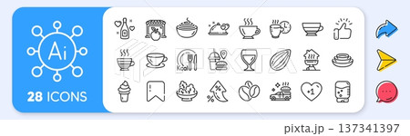 Food delivery, Wine glass and Market line icons. Interest rate, AI generate, Inflation icons. Pack of Cafe creme, Romantic dinner, Love champagne icon. Vector 137341397