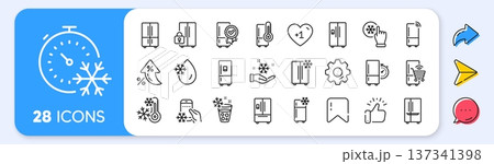 Fridge line icons. Interest rate, AI generate, Inflation icons. Refrigerator, freezer storage, smart fridge machine. Water with ice, cooler box, thermometer icons. Vector 137341398