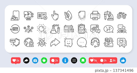 Calendar, Friends chat and Software bug line icons pack. Social media: share, comment, like icons. Consulting, Correct answer, Cursor web icon. Supply chain, Smile, Recovery file pictogram. Vector 137341496