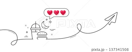 Night eat line icon. Continuous line with share plane. Fast food before sleep sign. Gluttony symbol. Hearts rate review in speech bubble. Night eat single line ribbon. Loop curve pattern. Vector 137341508