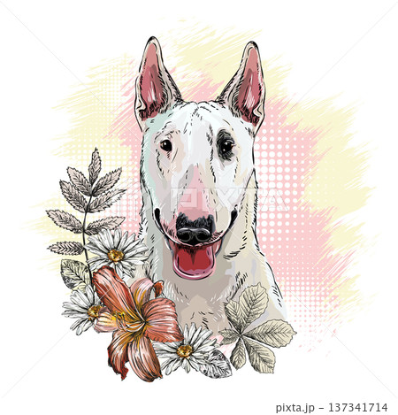 Bullterrier dog in flowers hand drawn vector illustration 137341714