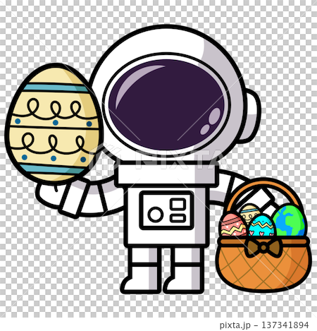 Astronaut is holding an Easter Egg and Easter Basket Astronaut is holding an Easter Egg and Easter Basket 137341894