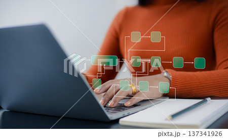 Businesswoman hands using laptop with virtual flowchart business process automation concept. Professional woman working on digital workflow management and system optimization. Businesswoman hands using laptop with virtual flowchart business process automation concept. Professional woman working on digital workflow management and system optimization. 137341926