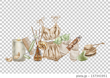 Beige women homewear set, candle, diffuser, roller, gua sha, cream and patch, watercolor illustration in spa lifestyle style. for cosmetic brand, pajama label, wellness center, packaging and decor. Beige women homewear set, candle, diffuser, roller, gua sha, cream and patch, watercolor illustration in spa lifestyle style. for cosmetic brand, pajama label, wellness center, packaging and decor. 137341951