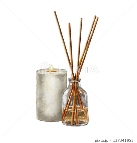 Candle and glass diffuser with aroma stick, watercolor illustration in minimalist spa style. Illustration for fragrance brand, cosmetic label, wellness center, packaging and interior decor. Candle and glass diffuser with aroma stick, watercolor illustration in minimalist spa style. Illustration for fragrance brand, cosmetic label, wellness center, packaging and interior decor. 137341953