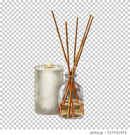 Candle and glass diffuser with aroma stick, watercolor illustration in minimalist spa style. Illustration for fragrance brand, cosmetic label, wellness center, packaging and interior decor. 137341953