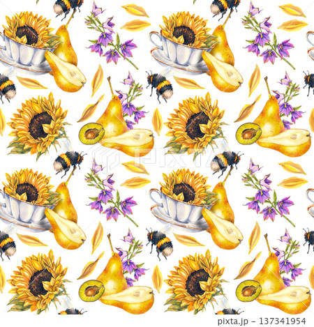 Seamless watercolor pattern with yellow pears, sunflowers in cups, bees, purple bellflowers, and yellow petals. Illustration for packaging, textiles, wallpaper, wrapping paper and eco product design. Seamless watercolor pattern with yellow pears, sunflowers in cups, bees, purple bellflowers, and yellow petals. Illustration for packaging, textiles, wallpaper, wrapping paper and eco product design. 137341954