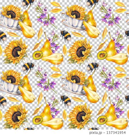 Seamless watercolor pattern with yellow pears, sunflowers in cups, bees, purple bellflowers, and yellow petals. Illustration for packaging, textiles, wallpaper, wrapping paper and eco product design. Seamless watercolor pattern with yellow pears, sunflowers in cups, bees, purple bellflowers, and yellow petals. Illustration for packaging, textiles, wallpaper, wrapping paper and eco product design. 137341954