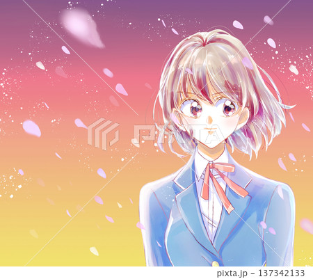 女子学生　バストアップ　強気　桜吹雪　夕暮れ 137342133