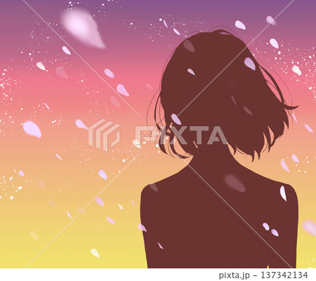 女子学生　バストアップ　桜吹雪　夕暮れ　シルエット 137342134