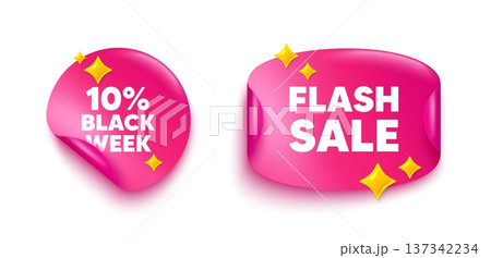 Black week sticker tag. Flash offer paper price banner. Black week 10 percent sale. Special discount sign. Black friday offer symbol. Discount sticker with 3d glitter. Vector 137342234
