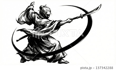 薙刀を振るう女性と墨の軌跡の水墨画 137342288