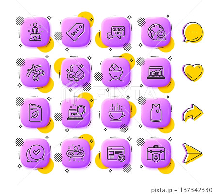 Canister, Video conference and Coffee cup line icons. App 3d buttons. Social media comment, share, like icons. Pack of Success, Scissors, T-shirt icon. Vector Canister, Video conference and Coffee cup line icons. App 3d buttons. Social media comment, share, like icons. Pack of Success, Scissors, T-shirt icon. Vector 137342330