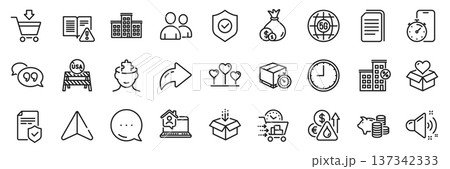 Usa close borders, Donation and Cash line icons pack. Share, Message, Paper plane icons. Mental conundrum, Fuel price, Loud sound web icon. Food delivery, Instruction manual, Time pictogram. Vector 137342333