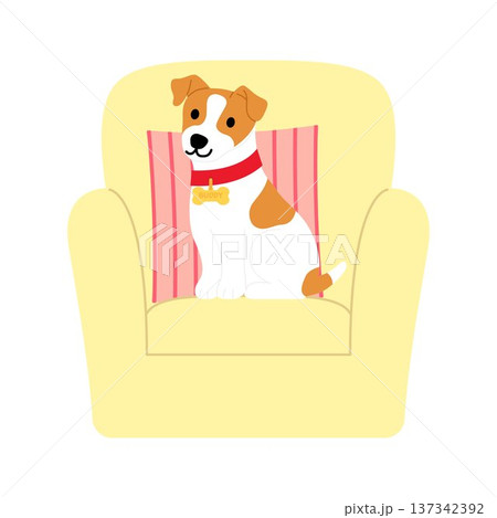 A Jack russell dog sitting on an armchair with pillow cartoon illustration 137342392