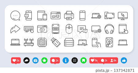 Mobile device line icons. Social media: share, comment, like icons. Smartphone, Laptop, Tablet PC icons. HDD, SSD and Flash drive. Headphones, Printer and tablet device. Vector 137342871
