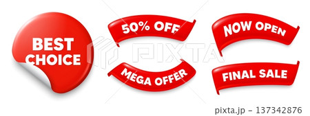 Best choice sticker, Sale offer ribbons. Now open, Mega discount. Best choice tag. Special offer Sale sign. Advertising Discounts symbol. Red sticker tag. Flag ribbon banners. Vector Best choice sticker, Sale offer ribbons. Now open, Mega discount. Best choice tag. Special offer Sale sign. Advertising Discounts symbol. Red sticker tag. Flag ribbon banners. Vector 137342876