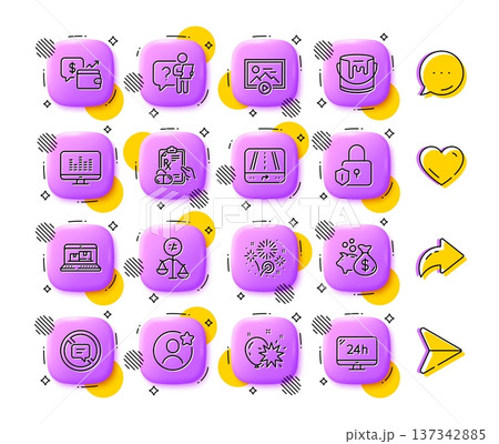 Discrimination, Balloon dart and Search employee line icons. App 3d buttons. Social media comment, share, like icons. Pack of Stop talking, Loan, Web inventory icon. Vector 137342885