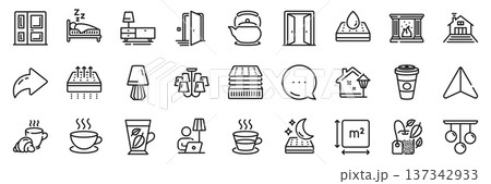 Dresser, Breathable mattress and Table lamp line icons pack. Share, Message, Paper plane icons. Teapot, Open door, Floor lamp web icon. Chandelier, Waterproof mattress, Coffee cup pictogram. Vector Dresser, Breathable mattress and Table lamp line icons pack. Share, Message, Paper plane icons. Teapot, Open door, Floor lamp web icon. Chandelier, Waterproof mattress, Coffee cup pictogram. Vector 137342933