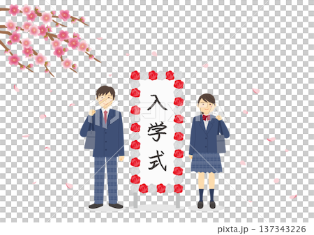 入学式をイメージした桜と立て看板と制服を着た学生のイメージイラスト 137343226