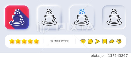 Tea or Coffee line icon. Neumorphic, Flat shadow, 3d buttons. Hot drink sign. Fresh beverage symbol. Line tea cup icon. Social media icons. Vector 137343267