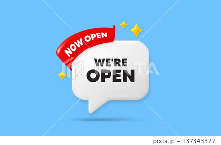 Open ribbon speech bubble. Now open flag ribbon. We are open tag. Promotion new business sign. Welcome advertising symbol. 3d sparkle stars speech bubble. Vector Open ribbon speech bubble. Now open flag ribbon. We are open tag. Promotion new business sign. Welcome advertising symbol. 3d sparkle stars speech bubble. Vector 137343327