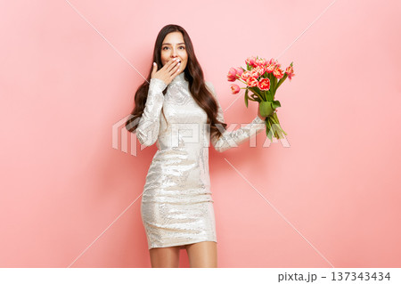 Happy beauty woman with pink tulip bouquet 137343434