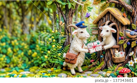 羊毛アート風に描いた、ヤギの郵便屋さん 羊毛アート風に描いた、ヤギの郵便屋さん 137343601