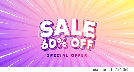 Sale sun rays gradient banner. Light burst background. Sale 60 percent off discount. Promotion price offer sign. Retail badge symbol. Gradient sun rays. Sunburst light. Vector 137343602