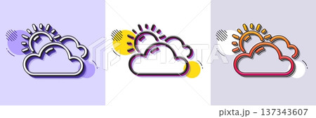 Sunny weather forecast line icon. Halftone dotted pattern. Gradient icon with grain shadow. Clouds with sun sign. Cloudy sky symbol. Line sunny weather icon. Various designs. Vector 137343607