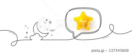 Night weather line icon. Continuous line with 3d star. Moon with cloud sign. Sleep symbol. 3d star in speech bubble. Night weather single line ribbon. Loop curve pattern. Vector 137343608