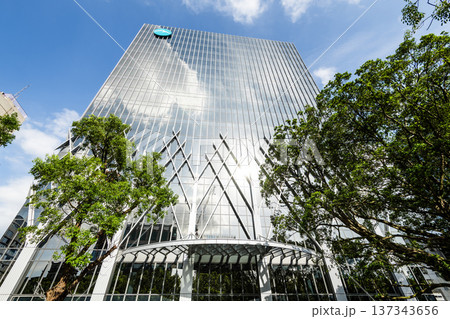 Low-angle view of the E.Sun Financial Holdings Second Headquarters building in Taipei, Taiwan.  137343656