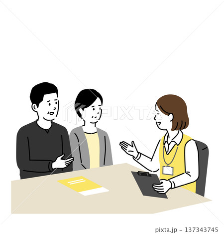 介護サービスの相談をする中年共働き夫婦のイラスト。ケアマネジャーの面談 書類説明と申込手続き 137343745