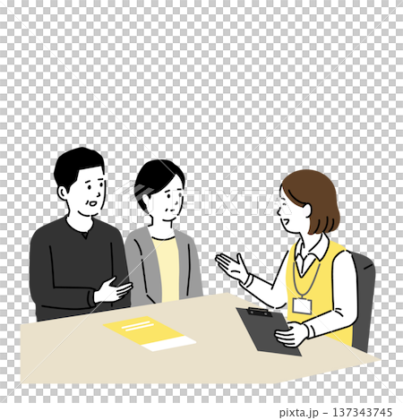 介護サービスの相談をする中年共働き夫婦のイラスト。ケアマネジャーの面談 書類説明と申込手続き 137343745