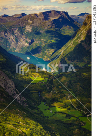 Fjord Geiranger from Dalsnibba viewpoint, Norway 137343865