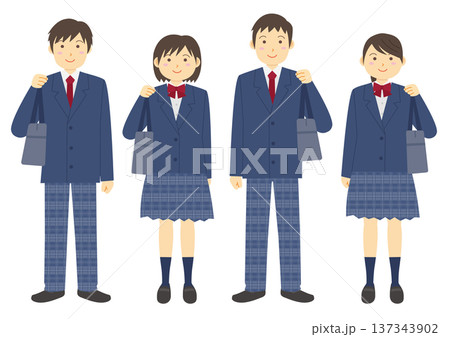 制服を着て鞄を持つ学生のイラストのセット_紺 137343902