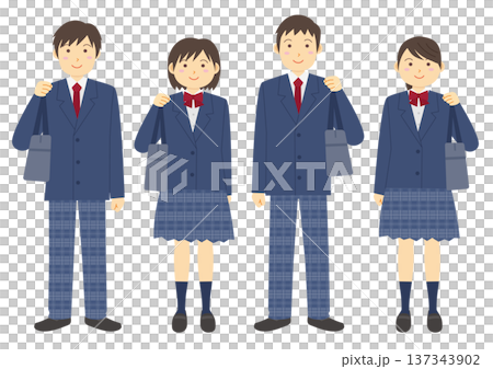 制服を着て鞄を持つ学生のイラストのセット_紺 137343902