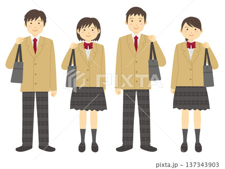 制服を着て鞄を持つ学生のイラストのセット_ベージュ 137343903