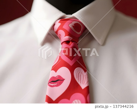 Close Up of Man in White Shirt Wearing Red Valentine's Day Tie with Hearts and Lips 137344216