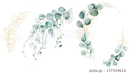 Hand drawn watercolor eucalyptus wreath and bouquets set for wedding and baby shower invitations Hand drawn watercolor eucalyptus wreath and bouquets set for wedding and baby shower invitations 137344618