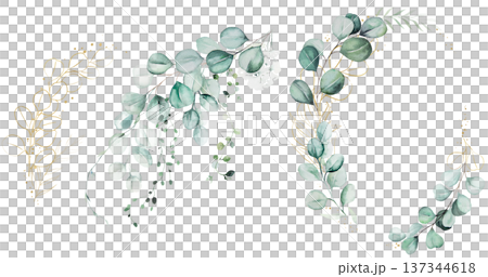 Hand drawn watercolor eucalyptus wreath and bouquets set for wedding and baby shower invitations Hand drawn watercolor eucalyptus wreath and bouquets set for wedding and baby shower invitations 137344618