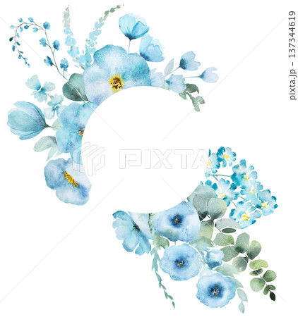 Watercolor floral frame with blue turquoise flowers isolated illustration for wedding stationery Watercolor floral frame with blue turquoise flowers isolated illustration for wedding stationery 137344619