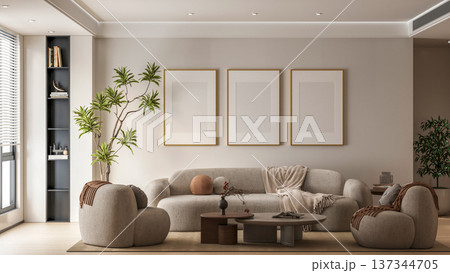 Luxury Curved Furniture Interior Mockup in Cloud Dancer Colors with Modern Sofa, Triple Poster Frame Display and Biophilic Houseplant Decoration 137344705