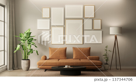 Modern Living Room Interior Mockup in Cloud Dancer Off-White Tones with Orange Sofa, Gallery Frame Wall and Biophilic Plants 137344706