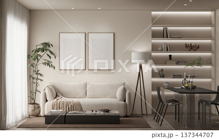 Luxury Living Room and Workspace Interior Mockup in Cloud Dancer Beige with LED Bookshelf, Sofa and Dual Poster Frames 137344707
